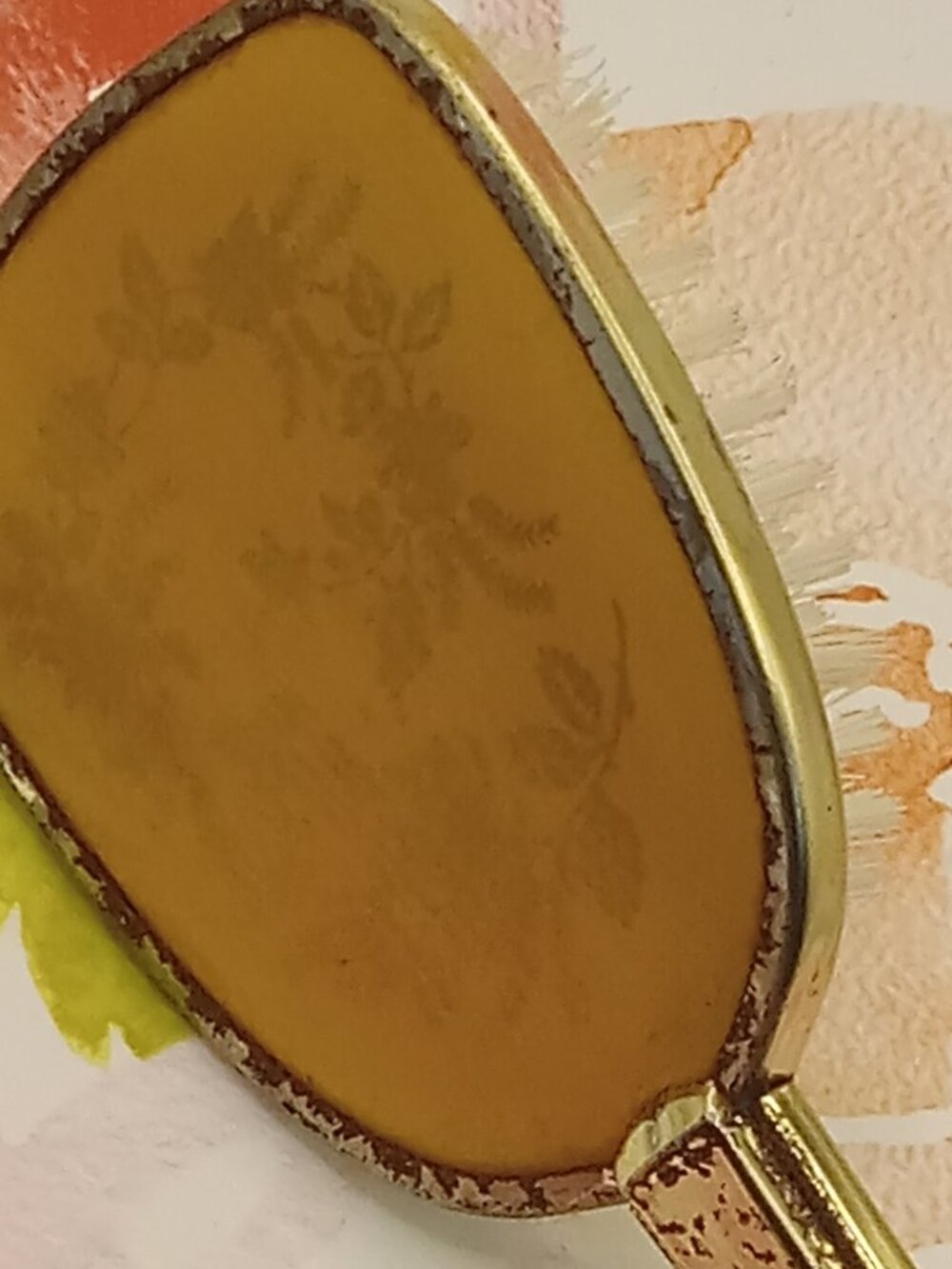 Vintage Vanity Hairbrush Gold Tone Soft Back Orangey Floral Art Deco Boudoir - Picture 6 of 14